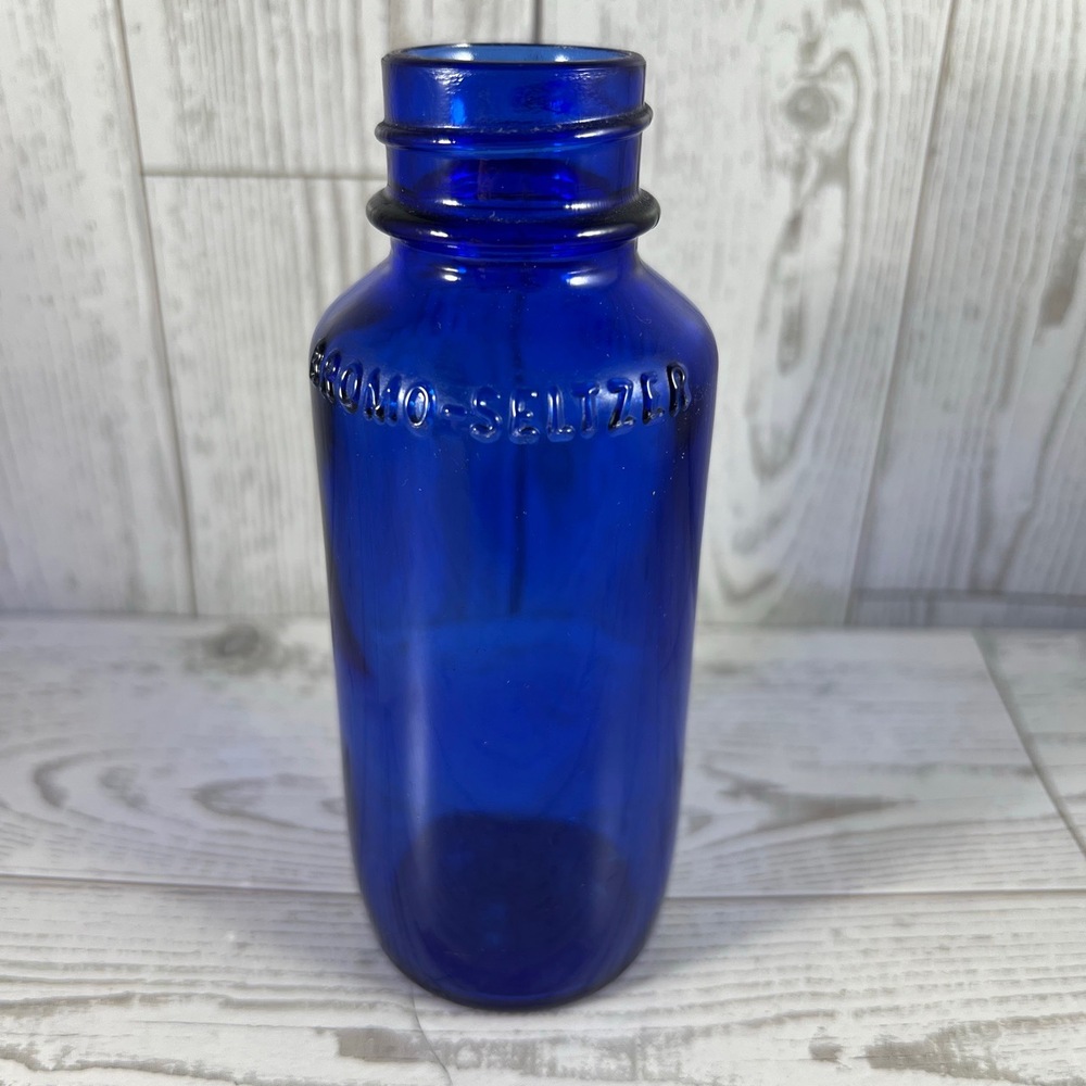 Bromo Seltzer Bottle Small Blue Vintage Embossed Apothecary Retro